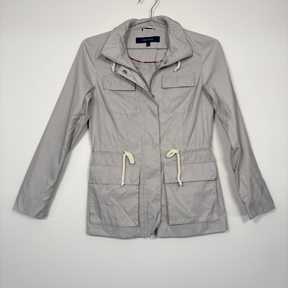 Cole Haan Women Jacket XS Gray Utility Anorak Field Coat Drawstring Waist Capsul